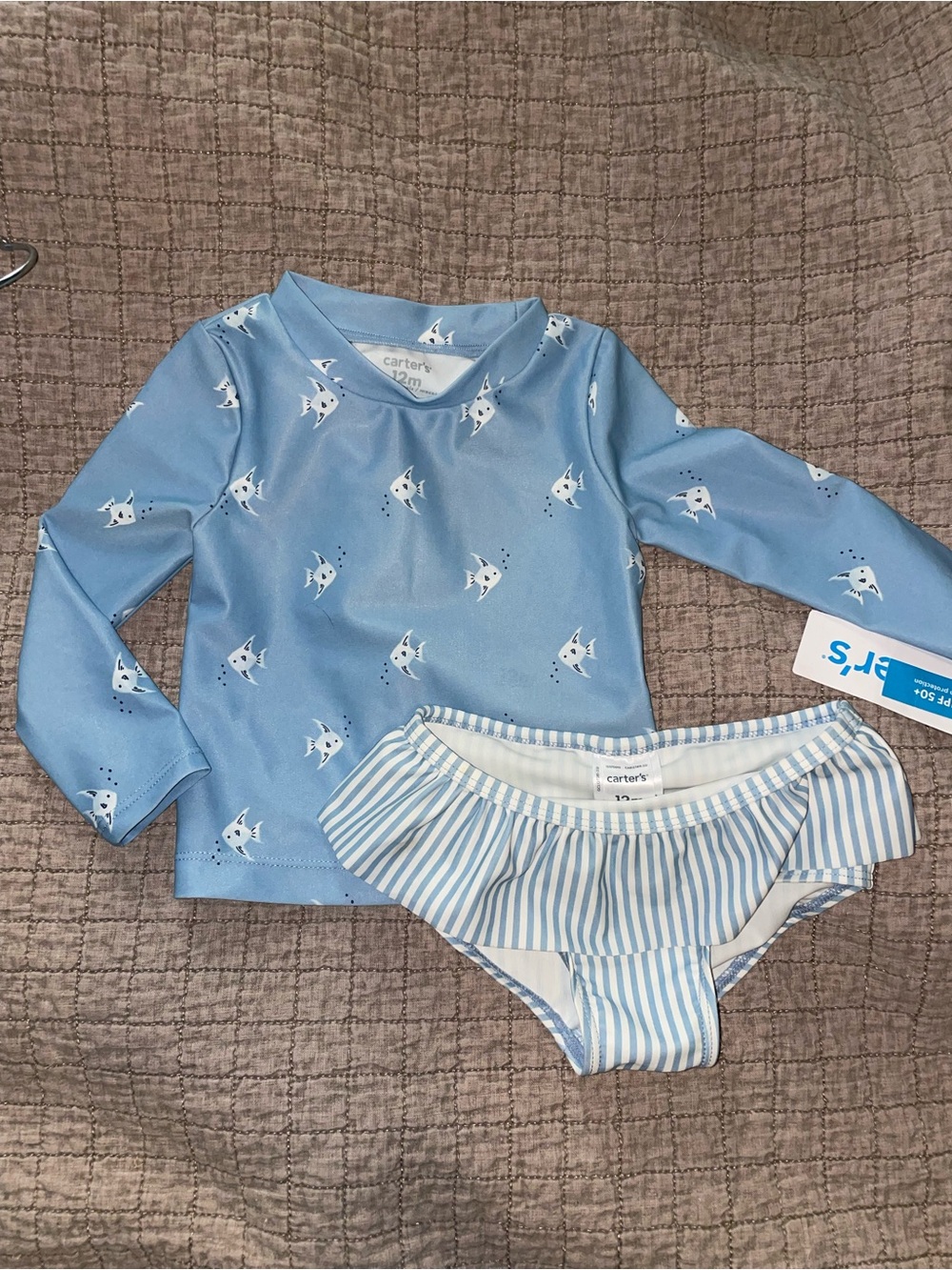 Carter's Light Blue Shark Rashguard Set with Striped Bottoms